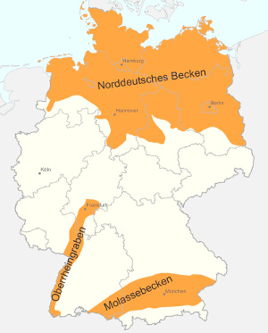 Deutschland-Karte mit gekennzeichneten Regionen, die fuer eine hydrothermale Nutzung in Frage kommen 