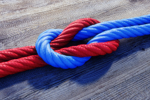 Kreuzknoten mit rotem und blauem Seil auf Holz.